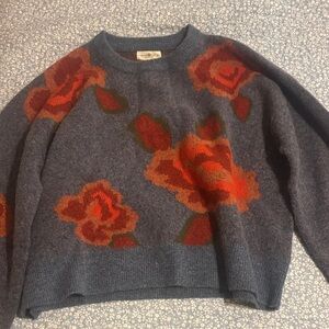 NATURAL LIFE Slate Blue Crewneck Sweater with Orange Rose Motif